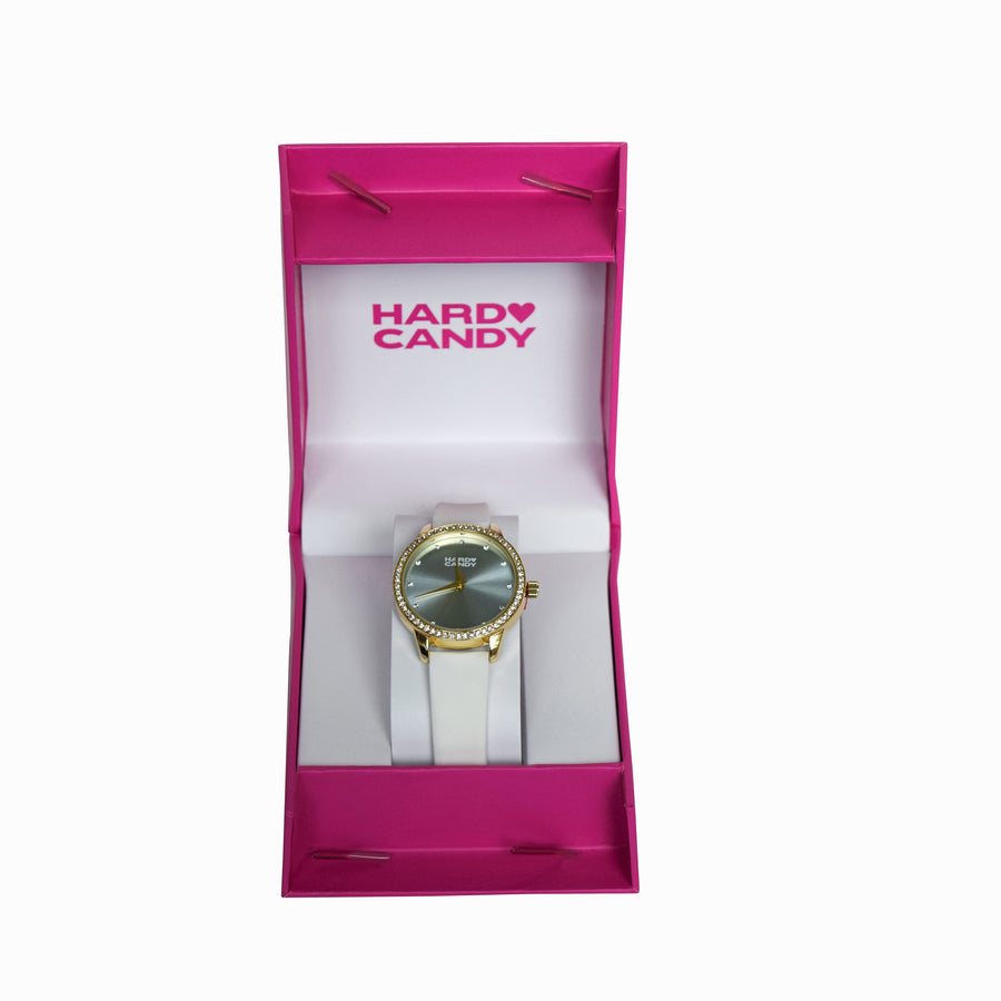 Gold Tone Rhinestone Studded Silicone Strap Watch Hard Candy