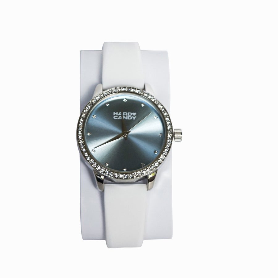 Silver Tone Rhinestone Studded Silicone Strap Watch Hard Candy